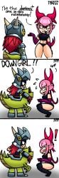 1boy 1girls alternate_version_available archie_comics armor black_panties black_stockings black_top brawl_stars comic command derp777 dialogue dominant_male down_boy draco_(brawl_stars) dragon embrassed giving_orders height_difference knight looking_at_another looking_at_partner master_of_the_starrpark melodie_(brawl_stars) meme meme_reference pet pink_hair red_bow red_hair ruler_of_the_word scared self_upload skirt smirk smirking_at_partner speech_bubble squatting submissive_female tagme taunting text thighhighs white_background