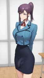 1boy ai_generated blazer dickgirl pencil_skirt penis_pencil_skirt_combo ponytail purple_eyes purple_hair sitting socks solo solo_leveling sung_jin-ah testicles tie transgender uncensored uncircumcised_penis veiny_penis white_shirt yuuki_snow