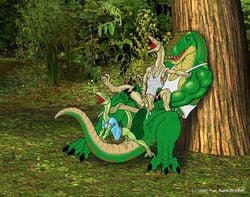 1990s 1998 20th_century anal balls cum dinosaur gay green kaa_bakensobek male penis raptor scalie t-rex tail threesome tree uncut