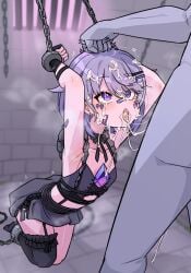 1boy after_fellatio armpits arms_up bandaid bandaid_on_cheek bandaid_on_face bandaid_on_nose black_shirt black_skirt black_thighhighs blush bondage chains chest_jewel cleavage_cutout clothing_cutout cuffs cum cum_in_mouth cum_on_body cum_string dungeon english_commentary facial female fingerless_gloves flat_chest frilled_thighhighs frills from_above from_side gloves grabbing_another's_hair hair_flaps heart heart-shaped_pupils heavy_breathing highres hololive hololive_english kneeling koseki_bijou legs_together looking_at_another looking_up midriff moral_cacoethes navel neck_ribbon out_of_frame paid_reward_available prison_cell purple_eyes purple_hair pussy_juice ribbon shackles shirt short_hair single_thighhigh skirt sleeveless symbol-shaped_pupils thighhighs virtual_youtuber