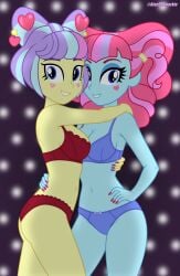 2girls abstract_background absurd_res alandssparkle arms_around_neck bra breasts duo_female equestria_girls female friendship_is_magic hand_on_hip hasbro hi_res highres kiwi_lollipop_(eg) looking_at_viewer my_little_pony nail_polish navel panties supernova_zap_(eg)