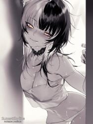 1girls black_and_white black_hair drool female goth goth_girl hololive hololive_english hololive_english_-advent- horny horny_female lust lustful_gaze shiori_novella solo sunset_skyline sunsetskyline two_tone_hair underwear virtual_youtuber white_hair