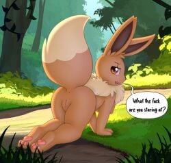 3_toes all_fours anthro anthrofied anus ass breasts brown_body brown_eyes brown_fur day digital_media_(artwork) dipstick_tail eevee english_text feet female fluffy fluffy_tail forest friendlyfeesh fur generation_1_pokemon genitals grass hi_res humanoid_genitalia humanoid_pussy isolde_(bokurei) looking_at_viewer looking_back looking_back_at_viewer markings nature nintendo nipples nude outdoor_nudity outside pawpads pink_pawpads plant pokemon pokemon_(species) pokemorph profanity pussy raised_tail rear_view solo speech_bubble tail tail_markings talking_to_viewer text toes tree