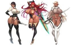 2024 3girls abs amber_eyes armwear ass_length_hair big_breasts big_hips big_sword big_thighs black_hair black_legwear blonde_hair boob_window breasts breasts_bigger_than_head brown_skin dark-skinned_female dark_elf dark_elf_female dark_skin elf elf_ears elf_female female female_armor female_only full_body garter_straps gloves gurimjang hand_on_hip heels hi_res hips holding_sword holding_weapon hourglass_figure huge_breasts huge_hips huge_thighs knife large_hips large_thighs legwear long_ears long_hair long_pointy_ears looking_at_viewer midriff neck_ribbon o-ring original original_character pointy_ears red_hair revealing_clothes short_hair skimpy skimpy_clothes slim_waist smiling smiling_at_viewer sword thick_thighs tomboy very_high_resolution very_long_hair voluptuous waist_length_hair weapon white_background wide_hips yellow_eyes