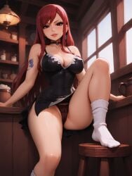 ai_generated bdmaestro cameltoe cleavage dress erza_scarlet female leg_up panties smile socks