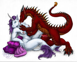 breasts curiodraco dragon equine female foreplay horns licking male nude penis pillow scalie straight tail tongue unicorn