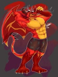 abs absurd_res altergott anthro boxers_(clothing) bulge clothing demon dragon feet helluva_boss hi_res humanoid male muscular muscular_male mythological_creature mythological_scalie mythology nipples pecs satan_(helluva_boss) scalie solo spread_wings stretching tail underwear wings