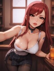 ai_generated bdmaestro big_breasts choker cleavage erza_scarlet fairy_tail female leaning_forward nipple_slip one_breast_out pantyhose red_hair skirt