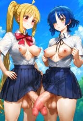 2futas 2girls ai_generated balls bocchi_the_rock! breasts_out futanari gomzai ijichi_nijika intersex mostly_clothed uncensored v yamada_ryou