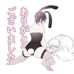 2boys alternate_costume blush bunny_boy bunny_ears bunny_tail bunnysuit crossdressing fishnet_thighhighs fishnets full_body gay gintama gintoki_sakata japanese_text kirapicxx male male_only male_playboy_bunny nosebleed pale-skinned_male pale_skin purple_hair rear_view takasugi_shinsuke thighhighs twink yaoi