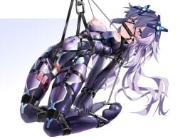 ankle_cuffs bit_gag blue_eyes bondage bondage bondage bound bound_arms bound_wrists breasts cameltoe censored chains choujigen_game_neptune commission cuffs egg_vibrator gag gagged handcuffs hanging highres latex long_hair looking_at_viewer maho_shi_ma medium_breasts mosaic_censoring neptune_(neptunia) neptune_(series) nipple_piercing nipple_rings object_insertion piercing purple_hair purple_heart_(neptunia) restrained saliva second-party_source sex_toy shibari_over_clothes skindentation vaginal_object_insertion vaginal_penetration very_long_hair vibrator