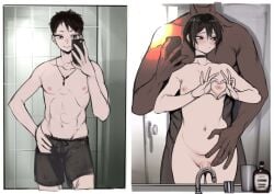 2boys 2koma 2n5 asian asian_male bathroom before_and_after big_dom_small_sub blush blush brat bratty bratty_correction choker cocky completely_nude convenient_censoring dark-skinned_male dark_skin embarrassed femboy feminine_male feminization heart_hands heart_symbol holding humiliation instant_loss instant_loss_2koma light-skinned_male light_skin looking_to_the_side mirror mirror_selfie muscular_male nipples nude penis selfie short_hair shorts sink skinny small_penis smaller_femboy tiny_penis trap yaoi