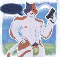 absurd_res anthro calico_cat clothing dialogue digital_media_(artwork) domestic_cat english_text epic_games felid feline felis fortnite fortnite:_battle_royale genitals gun handgun hi_res holding_gun holding_object holding_ranged_weapon holding_weapon looking_at_viewer male mammal meowscles meowscles_(fortnite) muscular muscular_anthro muscular_male nipples penis penis_poking_out radiumraccoon ranged_weapon simple_background solo speech_bubble tail text thong underwear weapon