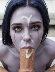 ai_generated black_hair blowjob cum cum_in_mouth cum_on_face cumshot eye_contact facial_cumshot mascara_tears overwatch pov pov_eye_contact purple_hair purple_skin santanai widowmaker yellow_eyes