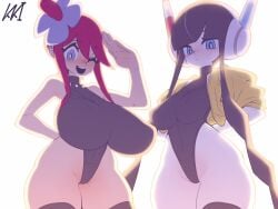 2girls alternate_breast_size arm_behind_back arms_behind_back artist_signature bangs black_hair black_hair_female blue_eyes breasts cameltoe clothed clothed_female clothing collar curvaceous curvaceous_figure curves curvy curvy_body curvy_female curvy_figure curvy_hips ear elesa_(pokemon) elesa_(pokemon_bw2) eyes eyes_open female female_only fingers groin gym_leader hair hair_tie happy headgear headphones headwear hi_res hips huge_breasts human jacket kaikoinu large_breasts leggings legs leotard light-skinned_female light_skin looking_at_viewer multiple_girls navel nipples nipples_visible_through_clothing one_eye_closed open_jacket open_mouth pokemon pokemon_bw2 red_hair red_hair_female salute short_hair short_hair_female short_hair_with_long_locks skin_tight skyla_(pokemon) smile standing tan_skin tan_skinned_female thick_thighs thighs visible_nipples white_background wide_hips