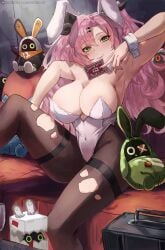 1girls amillion_(zenless_zone_zero) animal_ears areola_slip armpits bangboo_(zenless_zone_zero) bare_shoulders breasts brown_pantyhose card cleavage covered_navel covered_nipples eous_(zenless_zone_zero) fake_animal_ears green_eyes grey_leotard highleg highleg_leotard highres holding holding_card large_breasts leotard long_hair looking_at_viewer luckyboo_(zenless_zone_zero) nicole_demara pantyhose paperboo_(zenless_zone_zero) pink_hair playboy_bunny rabbit_ears sitting smile solo strapless strapless_leotard thigh_strap torn_clothes torn_pantyhose twintails vicarious white_leotard wrist_cuffs zenless_zone_zero