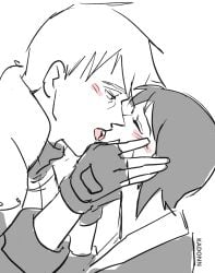 1boy 1girls blush female fingerless_gloves french_kiss gloves hand_on_face hatake_kakashi kadonn kissing making_out male male/female naruto naruto_(series) naruto_shippuden shizune short_hair_female straight suggestive tongue tongue_kiss unmasked