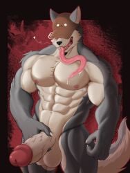 absurd_res anthro bag_wolf_(bokko) balls bassu_kun bassukun big_balls big_penis blue_body blue_fur canid canine canis clothing fur genitals hat headgear headwear hi_res huge_cock humanoid_genitalia humanoid_penis long_tongue male mammal muscular muscular_anthro muscular_male nipples open_mouth penis simple_background solo tongue wolf