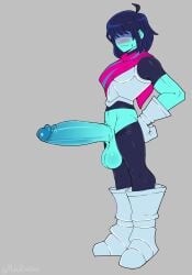 2023 absurd_res balls blue_balls blue_body blue_glans blue_penis blush bodysuit boots bottomwear bottomwear_down breasts clothed clothing deltarune digital_drawing_(artwork) digital_media_(artwork) eyeless footwear genitals glistening_hair gloves grey_background hair hands_on_hips handwear hi_res huge_balls huge_cock kris_(deltarune) male male_human mehdrawings mouth_closed pants_down partially_clothed penis penis_out shoes showing_off showing_penis signature simple_background smile smiling standing sweat sweatdrop undertale_(series)