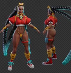 1girls 3d a-pose abs ass clothed crisisbeat dark-skinned_female dark_skin female forehead kimberly_jackson long_hair no_pants quad_braids solo street_fighter street_fighter_6 t-pose thick_thighs thong very_long_hair