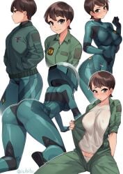 bodysuit brown_hair dragon_pilot hisone_to_masotan hoshino_eri iwbitu jumpsuit looking_at_viewer nipples_visible_through_clothing open_jumpsuit panties short_hair very_short_hair