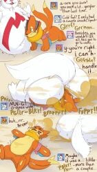 absurd_res anthro ass austrum belly big_belly bloated bodily_fluids buizel burp_cloud burping dialogue digital_media_(artwork) duo english_text fart fart_cloud fart_fetish farting_in_mouth farting_on_face fur generation_3_pokemon generation_4_pokemon hand_on_butt hand_on_head head_on_belly hi_res male male/male nintendo onomatopoeia open_mouth overweight overweight_male pokémon_(species) pokemon pokemon_(species) raised_tail rumbling_stomach simple_background sound_effects speckle_(austrum) tail text tongue tongue_out zangoose