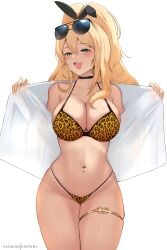 1girls belly_button_piercing bikini blonde_hair breasts cleavage female goddess_of_victory:_nikke gyaru high_ponytail hioyami hoop_earrings huge_breasts large_breasts leopard_print leopard_print_bikini light-skinned_female light_skin long_hair naughty_face navel_piercing piercing ponytail rupee_(nikke) smile smug sunglasses sunglasses_on_head