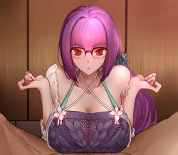 1boy absurdres bed breasts cleavage dress fate/grand_order fate_(series) female glasses hair_ornament hair_scrunchie highres indoors large_breasts looking_at_viewer off_shoulder over-rim_eyewear paizuri paizuri_under_clothes ponytail purple_hair red_eyes scathach_(fate) scathach_skadi scathach_skadi_(swimsuit_ruler)_(fate) scathach_skadi_(swimsuit_ruler)_(second_ascension)_(fate) scrunchie see-through see-through_sleeves semi-rimless_eyewear solo_focus spread_legs sweater sweater_dress wenzheng147