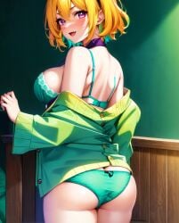 07th_expansion 2023 ai_generated back_view big_breasts blonde_hair bra bubble_butt earrings female_focus female_only frills high_resolution higurashi_no_naku_koro_ni houjou_satoko looking_at_viewer panties seductive_look short_hair stable_diffusion yellow_hair