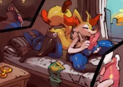 1boy 1girls anthro bed big_tail blue_fur blush blushed braixen closed_eyes cum furry furry_tail generation_4_pokemon generation_6_pokemon hand_on_ass hand_on_leg hand_on_penis licking_penis licking_pussy lucario nintendo oral oral_sex orange_fur pokemon pokemon_(species) pussy_juice tail wet_pussy white_fur wholesome window yellow_fur zoom