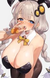 1girls black_pantyhose blue_eyes braid breasts cleavage cum cum_in_mouth fellatio_gesture female female_only fingerless_gloves gloves grey_hair hair_ornament handjob_gesture huge_breasts kizuna_akari light-skinned_female light_skin looking_at_viewer open_mouth pantyhose playboy_bunny saliva saliva_trail solo suggestive_fluid teeth tongue totorosu twin_braids upper_teeth_only voiceroid