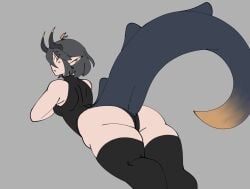 ahoge ass big_ass black_hair dragon_tail female female_only from_behind horns laying_down laying_on_stomach leggings leotard looking_at_viewer looking_back lying lying_on_stomach orange_eyes pointy_ears raised_tail rita_(sunlightnova) solo sunlightnova tail