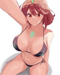 1girls 2022 bangs bikini black_bikini breasts cleavage daymandraws female female_only hips huge_breasts light-skinned_female light_skin nintendo pyra red_eyes red_hair selfie short_hair smile swept_bangs thick_thighs thighs wide_hips xenoblade_(series) xenoblade_chronicles_2