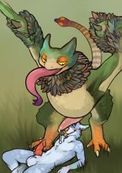 anthro bird_wyvern blush bodily_fluids canid canine canis capcom duo genital_fluids genitals hi_res iynize lying male male/male mammal monster_hunter monster_hunter_world on_back penis penis_on_face precum pukei-pukei source_request throbbing tongue tongue_out torakuta video_games wolf year_request