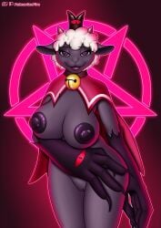 2022 anthro areola bell bell_collar big_breasts bovid breasts caprine collar cult_of_the_lamb digital_media_(artwork) eyebrows eyelashes female fingers genitals hi_res horn lamb_(cult_of_the_lamb) looking_at_viewer mammal nipples palmarianfire pussy sheep