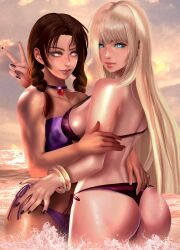 2girls alluring ass big_ass big_breasts bikini black_nails blonde_hair bubble_butt busty emilie_de_rochefort female female_abs female_only freckles julia_chang kittymiya large_breasts looking_at_viewer looking_back namco outside smile swimsuit tekken tekken_tag_tournament_2 twin_braids v