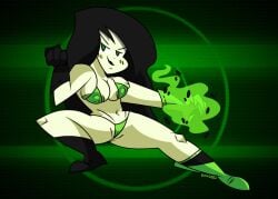 >:) 1girls 4_fingers big_breasts bikini black_background black_footwear black_hair black_handwear black_lipstick boots breasts bumpadump closed_mouth deviantart disney disney_channel disney_xd female female_only fire fist gradient_background green_background green_bikini green_eyes green_fire green_footwear green_handwear green_skin half-closed_eyes kim_possible long_hair looking_at_viewer mercenary nipples shego smile solo solo_female thick_thighs thin_eyebrows two_tone_background watermark white_sclera