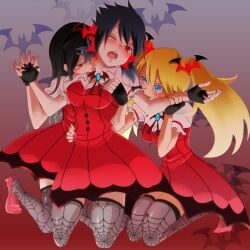 3girls biting biting_neck black_hair black_nails blonde_hair blue_eyes blush center_opening dress facial_mark fangs female fff fff_threesome genderswap_(mtf) group head_wings holding_hands interlocked_fingers long_hair looking_at_viewer low_ponytail male multiple_girls nail_polish naruko naruto naruto_(series) naruto_shippuden no_bra one_eye_closed open_mouth ponytail questionable_consent red_dress red_eyes red_nails red_outfit rule_63 sasuke_uchiha sasuko sharingan short_hair sisters thighhighs tied_hair trio twintails uchiha_itachi uzumaki_naruto vampire wings wink yuri