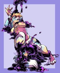 1girls 2022 absurd_res anthro barefoot biped border breasts candy.yeen canid canine character_request feet female genitals hi_res mammal nipples purple_background purple_border pussy simple_background solo tentacle