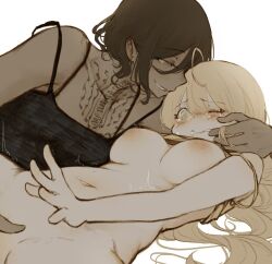 2girls ahoge big_breasts blonde_hair blush breasts brown_hair clenched_teeth dark-skinned_female dark_skin earrings eyelashes eyeliner female female_only fingering green_eyes grin hi_res implied_fingering jewelry long_hair lying makeup multiple_girls navel nipples on_back one_eye_closed original short_hair smile source_request stomach strap_slip tank_top tattoo tearing_up tears teeth trembling wholesome y0range yuri
