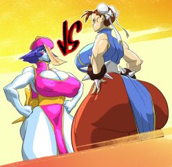 2girls asian asian_female ass big_ass big_breasts breasts brown_hair bubble_ass bubble_butt busty capcom chinese chinese_female chun-li clothing crossover darkstalkers dress eyebrows eyelashes eyes female hair hips hourglass_figure hsien_ko huge_ass huge_breasts human jiangshi large_ass large_breasts legs lei-lei lei_lei light-skinned_female light_skin lips multiple_girls pantyhose slb street_fighter thick_ass thick_legs thick_thighs thighs vs wide_hips