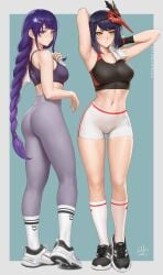 2girls ass blue_hair female genshin_impact gym_clothes hartman_hips knee_socks kneehighs kneesocks kujou_sara purple_hair raiden_shogun sciamano240 sneakers socks socks_over_yoga_pants sports_bra sweat sweating thighs towel white_socks wiping_sweat yoga_pants