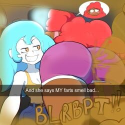 2girls big_ass big_butt blue_hair blush brap dark-skinned_female english_text fard fart fart_cloud fart_fetish farting he_wants_to_order meme multiple_girls oc orange_eyes original original_character original_characters protorepulsive red_hair repulsiveproto shorts smile snapchat text thick_thighs white_skin yuri