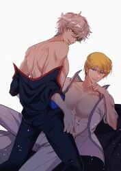 2boys blonde_hair blue_eyes feige's_violent_words gay gintama gintoki_sakata kintoki_sakata licking_lips looking_at_viewer looking_back male male_only off_shoulder open_shirt pecs red_eyes scars silver_hair smile toned toned_male yaoi