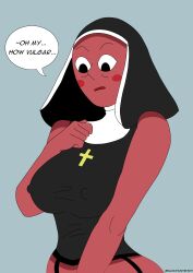 1girls badapple69 big_breasts cartoon_network dialogue english_text female female_only hard_nipples milf no_panties nun nun_outfit priyanka_maheswaran self_upload shy solo solo_female speech_bubble steven_universe text tight_clothing