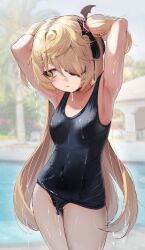 1girls 2022 armpits arms_behind_head arms_up blonde_hair blush breasts embarrassed eyepatch female female_only fischl_(genshin_impact) genshin_impact green_eyes hair_over_one_eye long_hair one-piece_swimsuit petite slim_body small_breasts swimsuit torriet wet wet_body