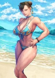 1girls alternate_costume beach big_breasts bikini blue_bikini bracelets capcom choker chun-li cirenk female female_only fully_clothed hair_buns hair_ornament looking_at_viewer solo solo_female solo_focus street_fighter swimsuit tagme