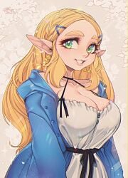 blonde_hair breasts breath_of_the_wild cleavage clothed clothing ear_piercing ear_ring elf female gofa green_eyes hair hi_res humanoid humanoid_pointy_ears light_body light_skin long_hair looking_at_viewer nintendo not_furry piercing princess_zelda ring_piercing smile solo the_legend_of_zelda triforce zelda_(breath_of_the_wild)