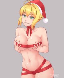 biting_lip blonde_hair breasts christmas fate/extra fate/grand_order fate_(series) grabbing_own_breast green_eyes hat nero_claudius_(fate) ribbon thick unmei