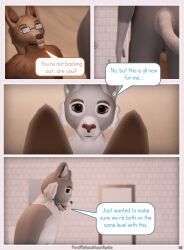 3d ambiguous_gender anthro bathroom blue_eyes brown_eyes canid canine canis close-up comic digital_media_(artwork) duo english_text eyewear felid glasses hi_res jackal looking_at_another mammal mynka nude page_2 pantherine text